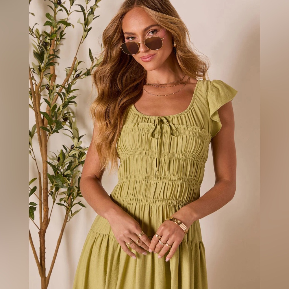 Vici Olive Midi Dress with Ruffle Detail: Linen Skies Flutter Sleeve Midi Dress
